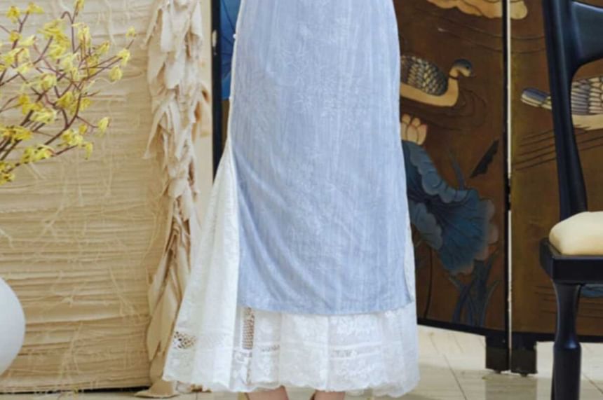 3/4 Sleeve Floral Print Midi Sheath Qipao / High Rise Plain Lace Maxi A-Line Skirt