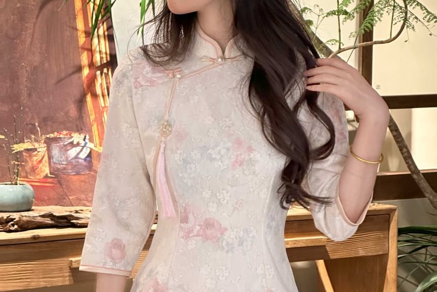 Elbow Sleeve Floral Print Midi Sheath Qipao