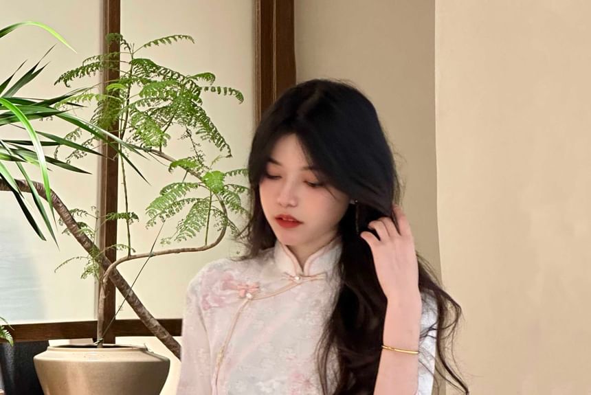 Elbow Sleeve Floral Print Midi Sheath Qipao