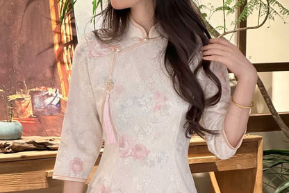 Elbow Sleeve Floral Print Midi Sheath Qipao