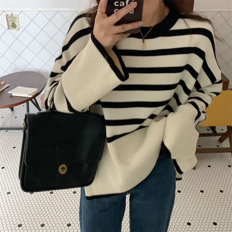 Oversized Side-Slit Striped Knit Top