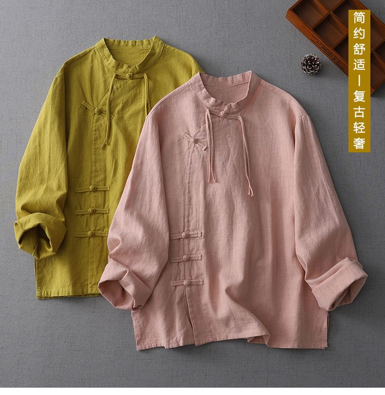 Long-Sleeve Plain Frog-Button Shirt