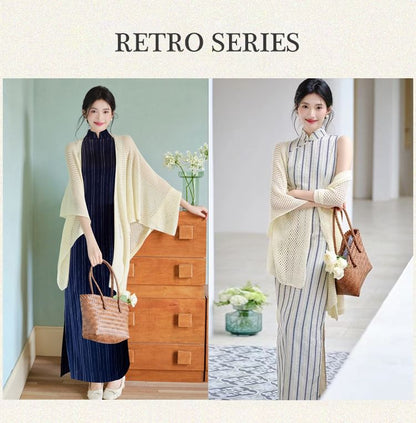 Flared-Sleeve Plain Pointelle Knit Long Cardigan / Sleeveless Striped Maxi Qipao / Set