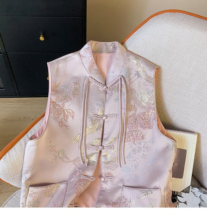 Floral Pocket Detail Frog-Button Single-Breasted Hanfu Vest