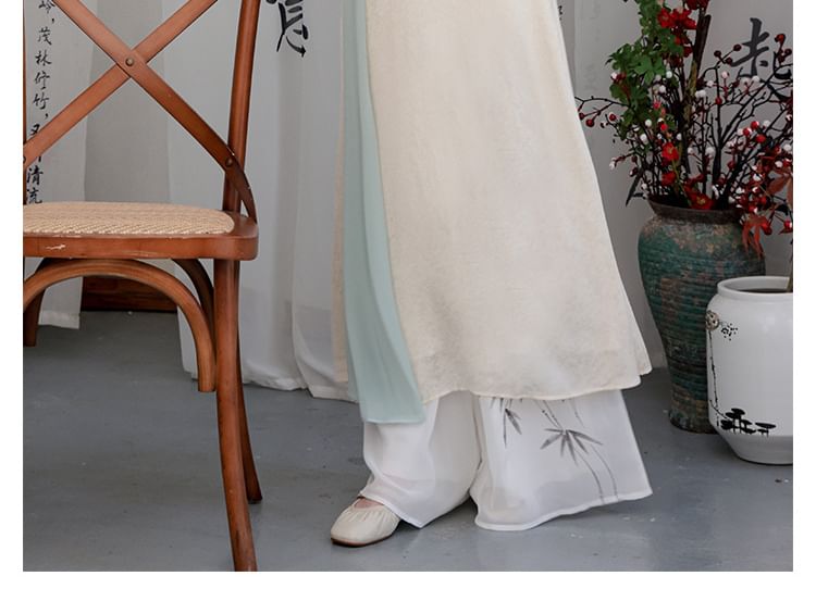 Flared-Sleeve Two Tone Maxi Hanfu Dress / Mid Rise Plain Wide Leg Pants