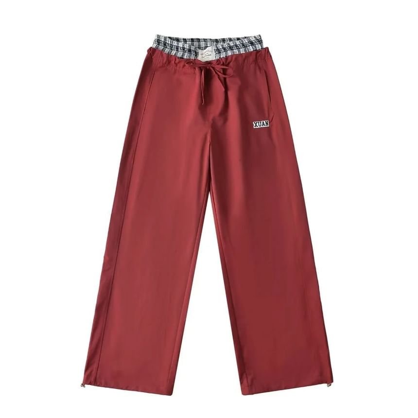 High Rise Mock Two Piece Plaid Paneled Loose-Fit Wide-Leg Cargo Pants