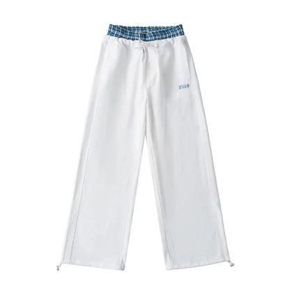 High Rise Mock Two Piece Plaid Paneled Loose-Fit Wide-Leg Cargo Pants