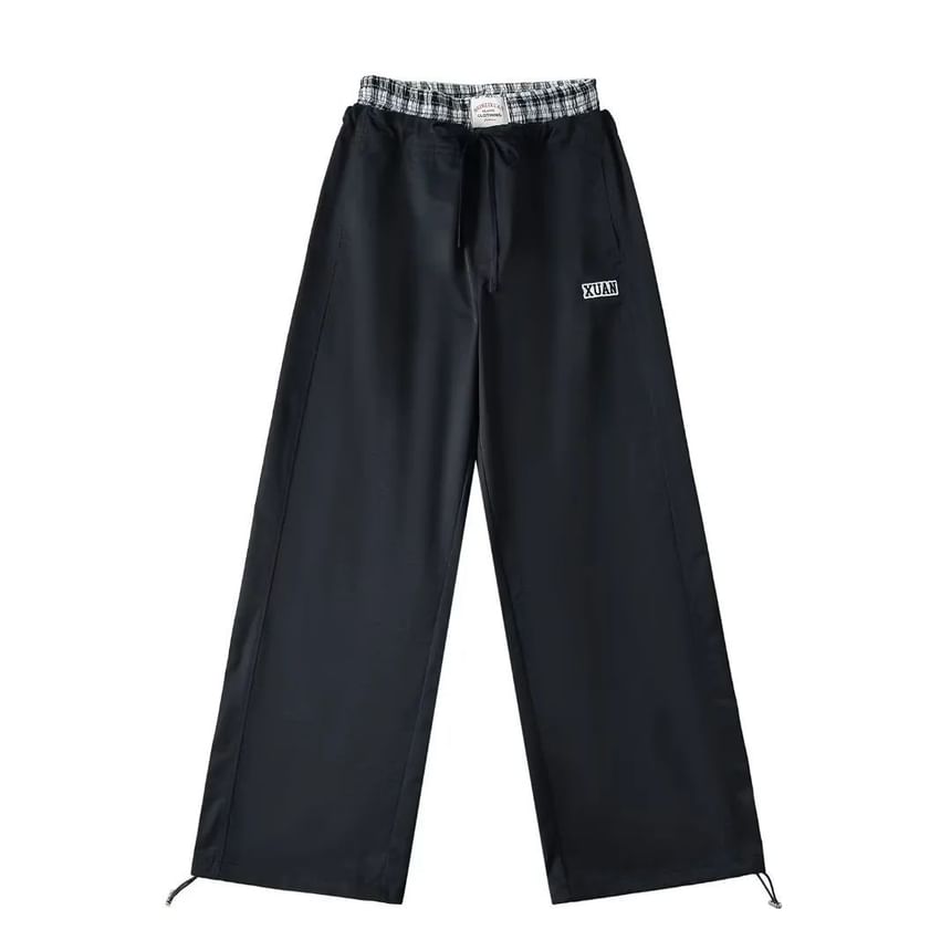 High Rise Mock Two Piece Plaid Paneled Loose-Fit Wide-Leg Cargo Pants