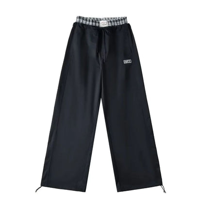 High Rise Mock Two Piece Plaid Paneled Loose-Fit Wide-Leg Cargo Pants