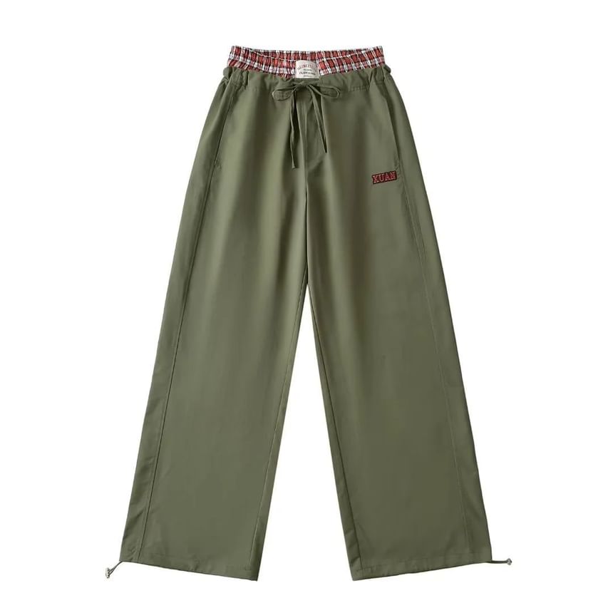 High Rise Mock Two Piece Plaid Paneled Loose-Fit Wide-Leg Cargo Pants