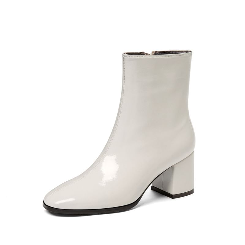 Short Plain Zip-Up Patent Chunky Heel Leather Boots
