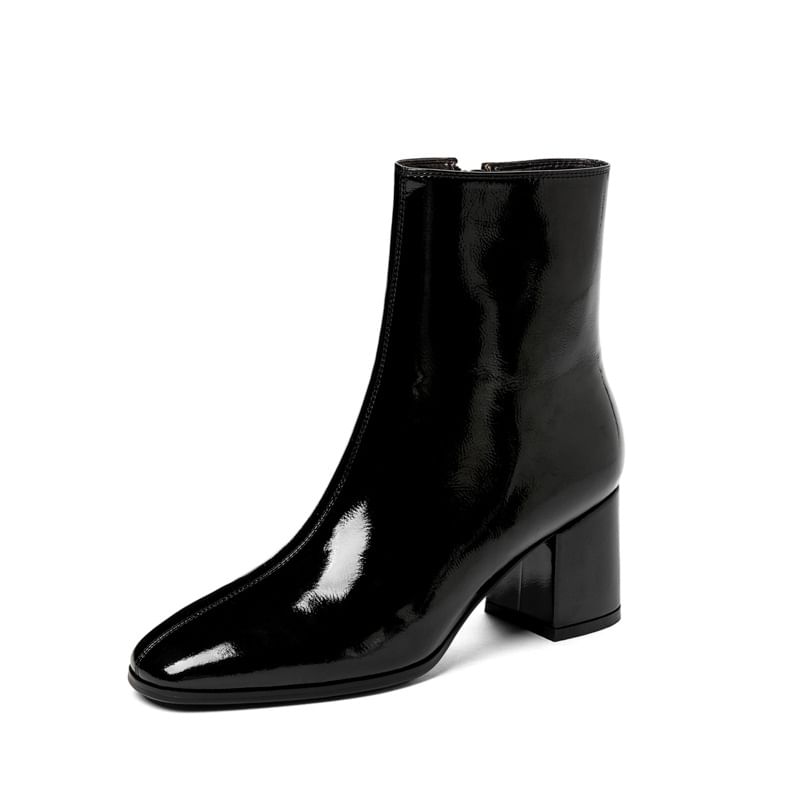 Short Plain Zip-Up Patent Chunky Heel Leather Boots
