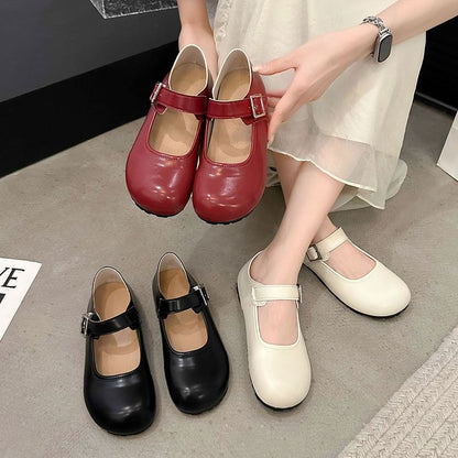 Buckled Mary Round Faux Toe Leather Flats Plain Jane