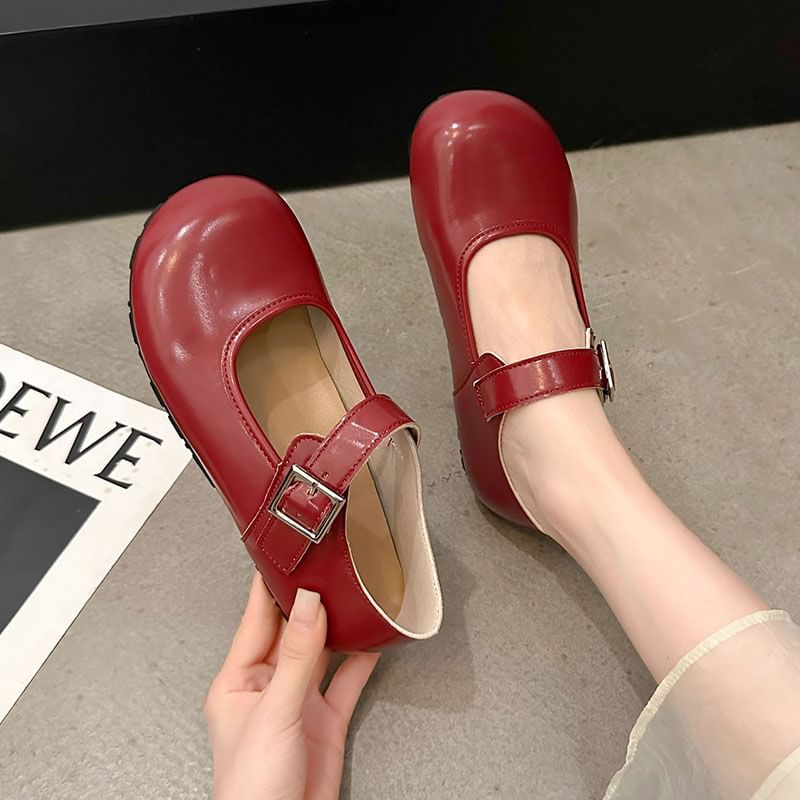 Buckled Mary Round Faux Toe Leather Flats Plain Jane