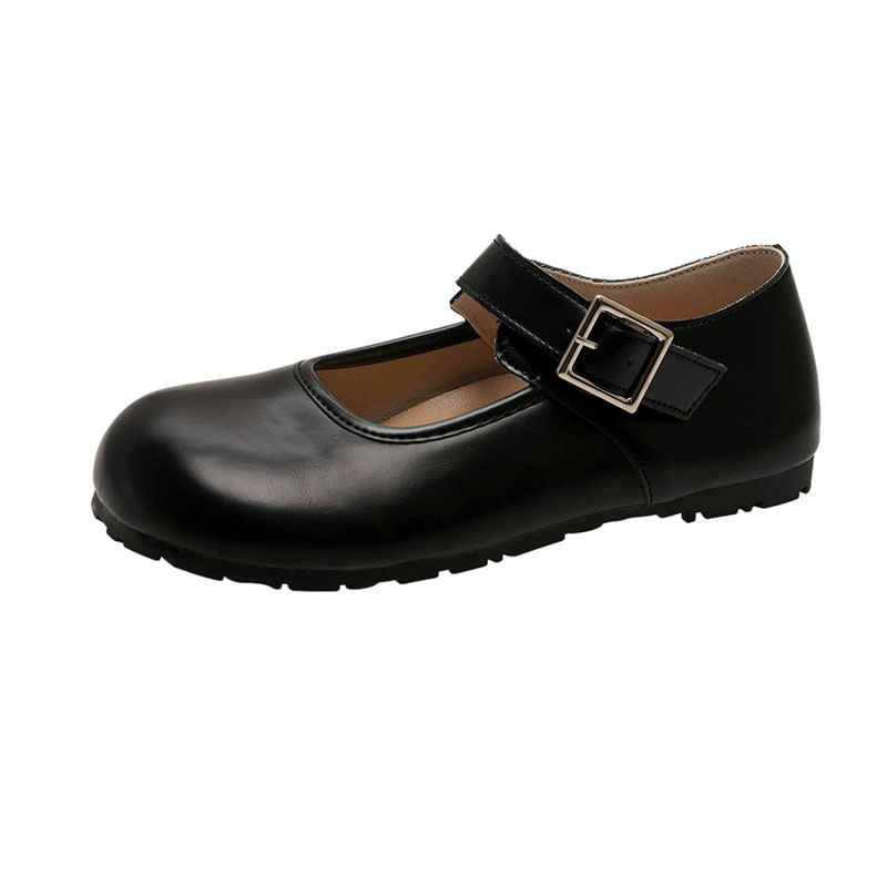 Buckled Mary Round Faux Toe Leather Flats Plain Jane