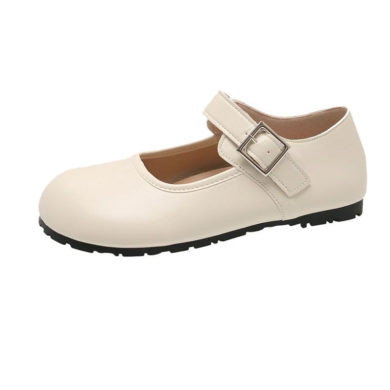 Buckled Mary Round Faux Toe Leather Flats Plain Jane