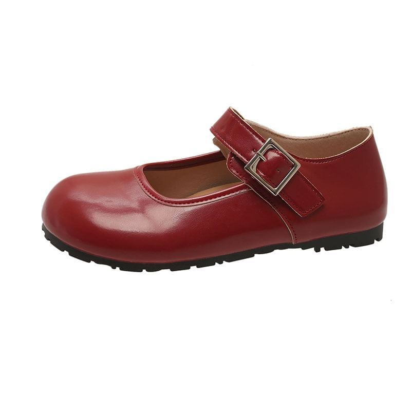 Buckled Mary Round Faux Toe Leather Flats Plain Jane