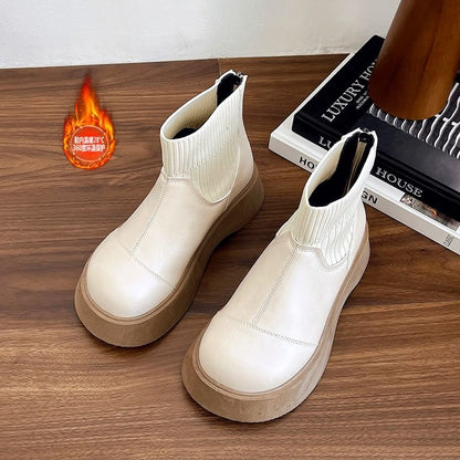 Boots Faux Platform Sock Short Plain Leather