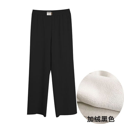 Plus Size Elastic Waist Plain Ribbed Knit Wide Leg Pants