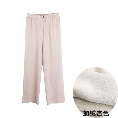 Plus Size Elastic Waist Plain Ribbed Knit Wide Leg Pants