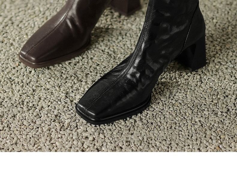 Square Toe Zip Block Heel Short Boots