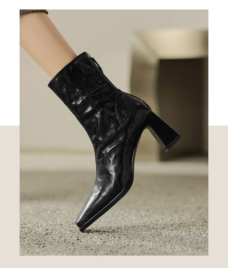 Square Toe Zip Block Heel Short Boots