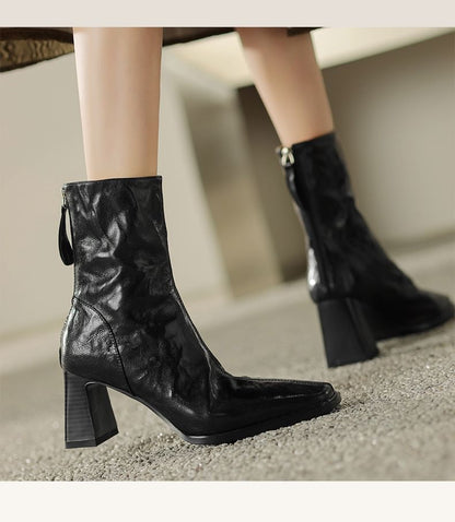 Square Toe Zip Block Heel Short Boots