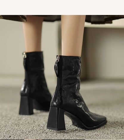 Square Toe Zip Block Heel Short Boots