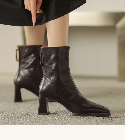 Square Toe Zip Block Heel Short Boots