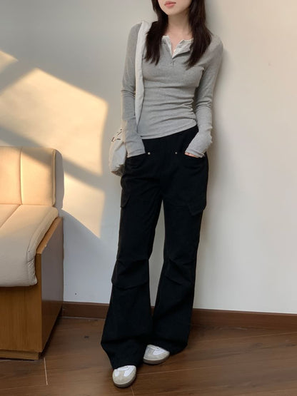 Low Waist Plain Flared Cargo Pants