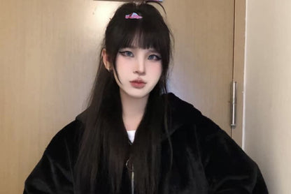 Plain Ear Accent Hooded Fluffy Zip Jacket