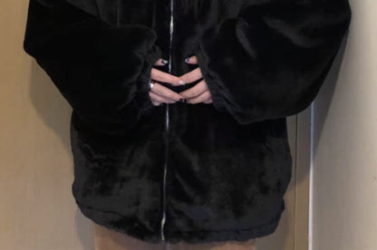 Plain Ear Accent Hooded Fluffy Zip Jacket