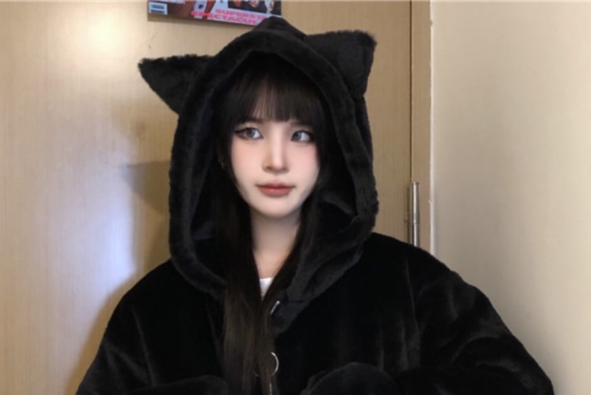 Plain Ear Accent Hooded Fluffy Zip Jacket
