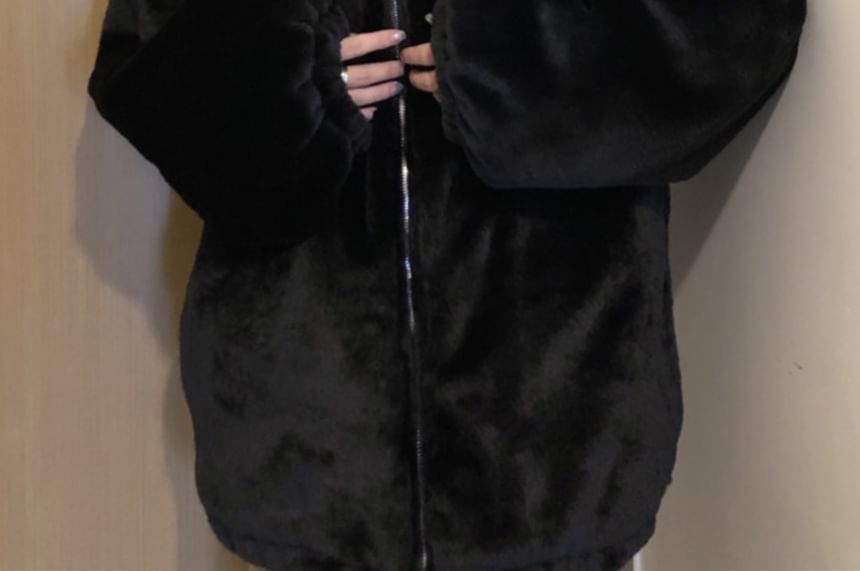 Plain Ear Accent Hooded Fluffy Zip Jacket