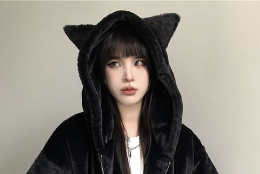 Plain Ear Accent Hooded Fluffy Zip Jacket