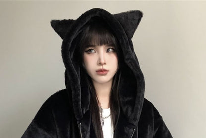 Plain Ear Accent Hooded Fluffy Zip Jacket