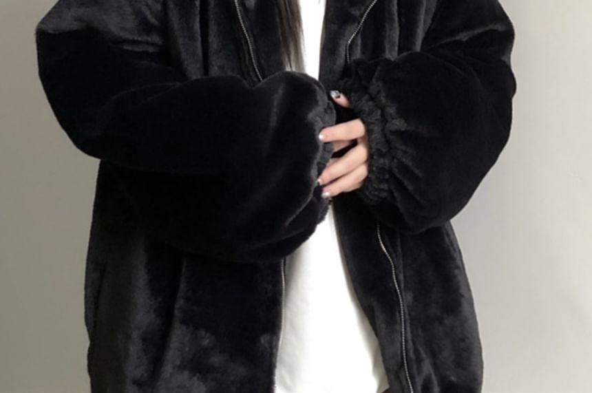 Plain Ear Accent Hooded Fluffy Zip Jacket