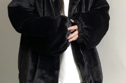 Plain Ear Accent Hooded Fluffy Zip Jacket