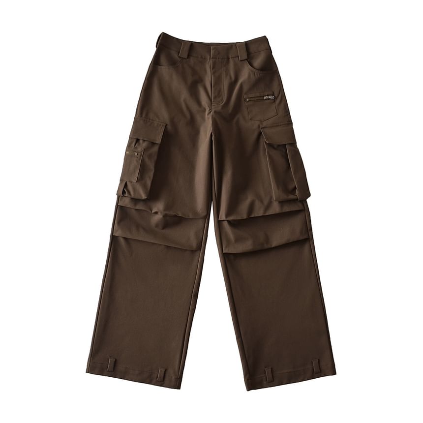 High Rise Plain Pocket Loose-Fit Wide-Leg Cargo Pants