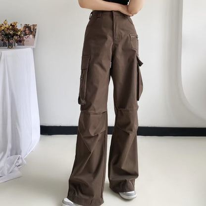 High Rise Plain Pocket Loose-Fit Wide-Leg Cargo Pants