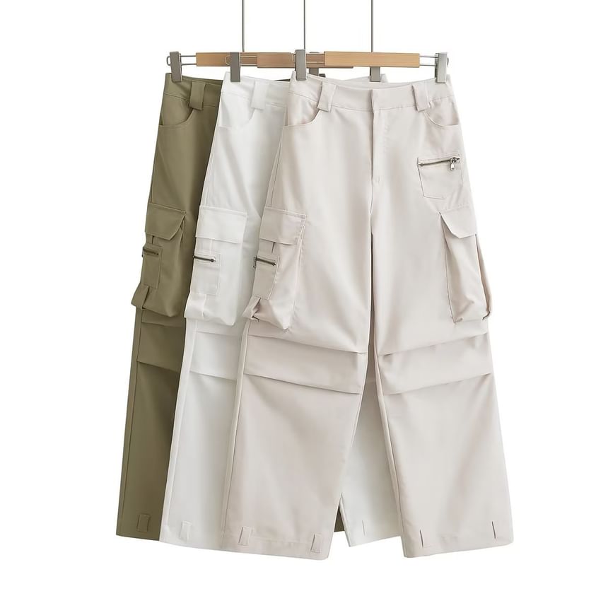 High Rise Plain Pocket Loose-Fit Wide-Leg Cargo Pants