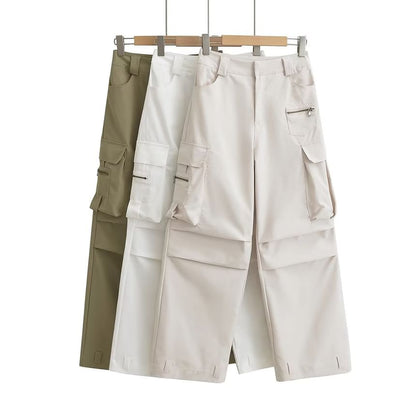 High Rise Plain Pocket Loose-Fit Wide-Leg Cargo Pants