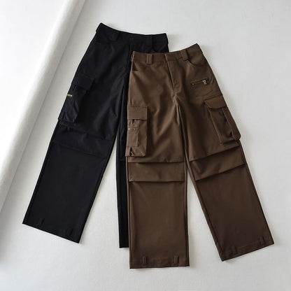 High Rise Plain Pocket Loose-Fit Wide-Leg Cargo Pants