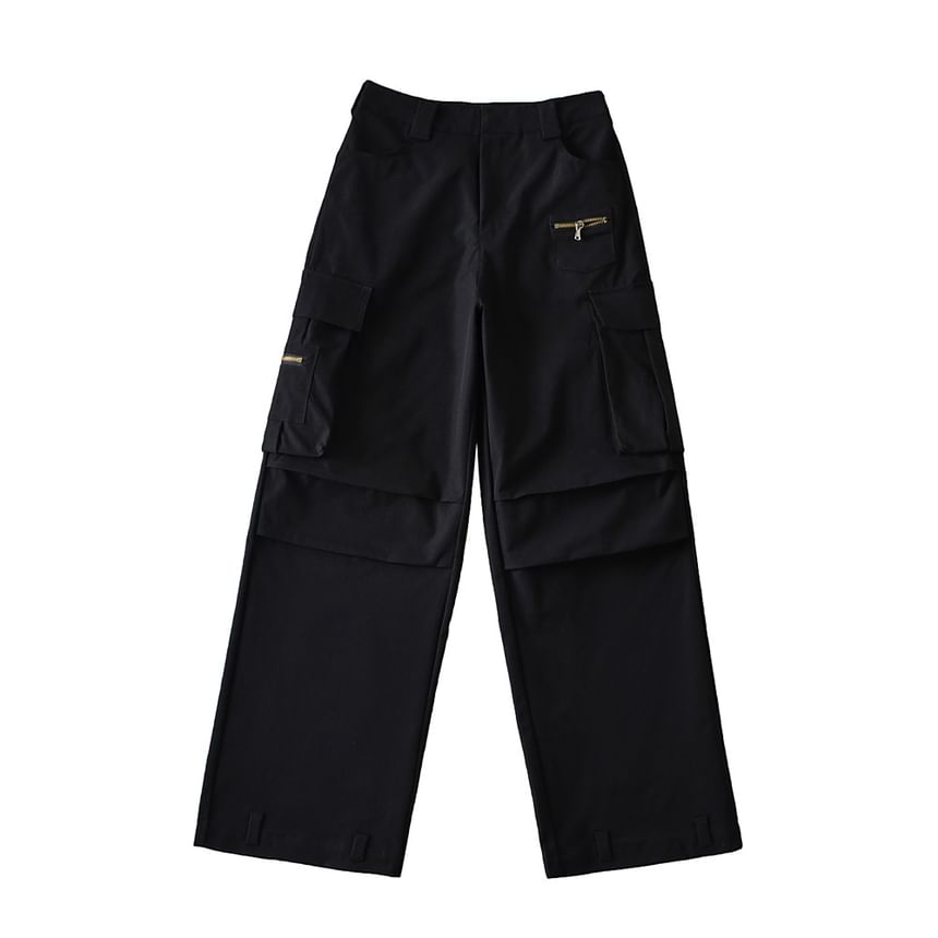 High Rise Plain Pocket Loose-Fit Wide-Leg Cargo Pants