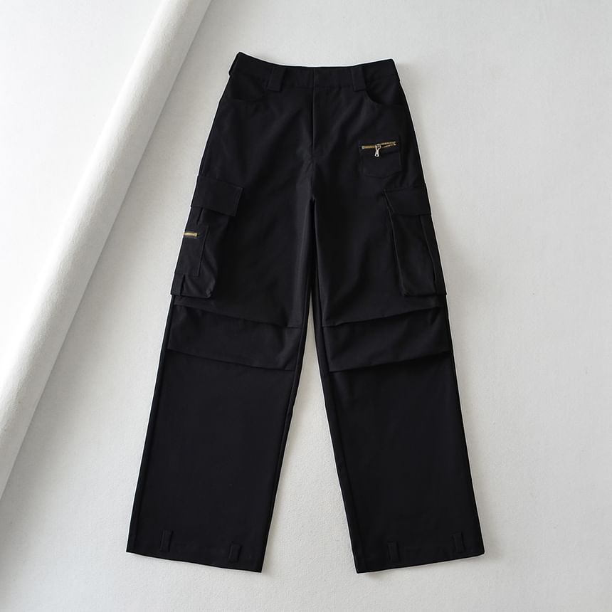 High Rise Plain Pocket Loose-Fit Wide-Leg Cargo Pants