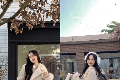 Set: Collared Plain Panel Fluffy Zip Jacket + High Rise A-Line Skirt (Various Designs)