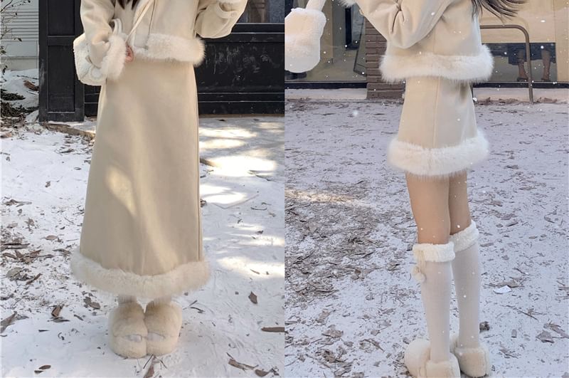 Set: Collared Plain Panel Fluffy Zip Jacket + High Rise A-Line Skirt (Various Designs)