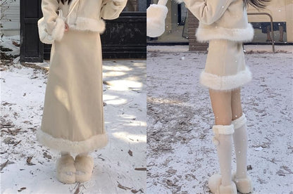 Set: Collared Plain Panel Fluffy Zip Jacket + High Rise A-Line Skirt (Various Designs)