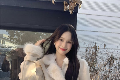 Set: Collared Plain Panel Fluffy Zip Jacket + High Rise A-Line Skirt (Various Designs)