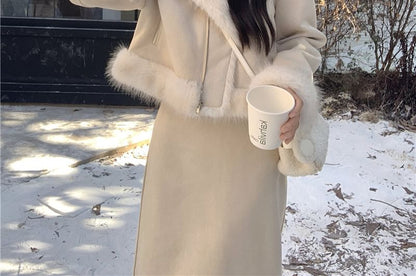 Set: Collared Plain Panel Fluffy Zip Jacket + High Rise A-Line Skirt (Various Designs)